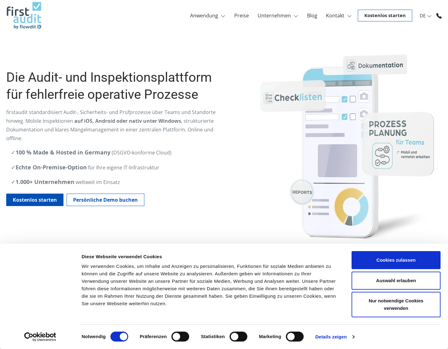 Aktuelle Website-Vorschau von firstaudit - digitale Checklisten