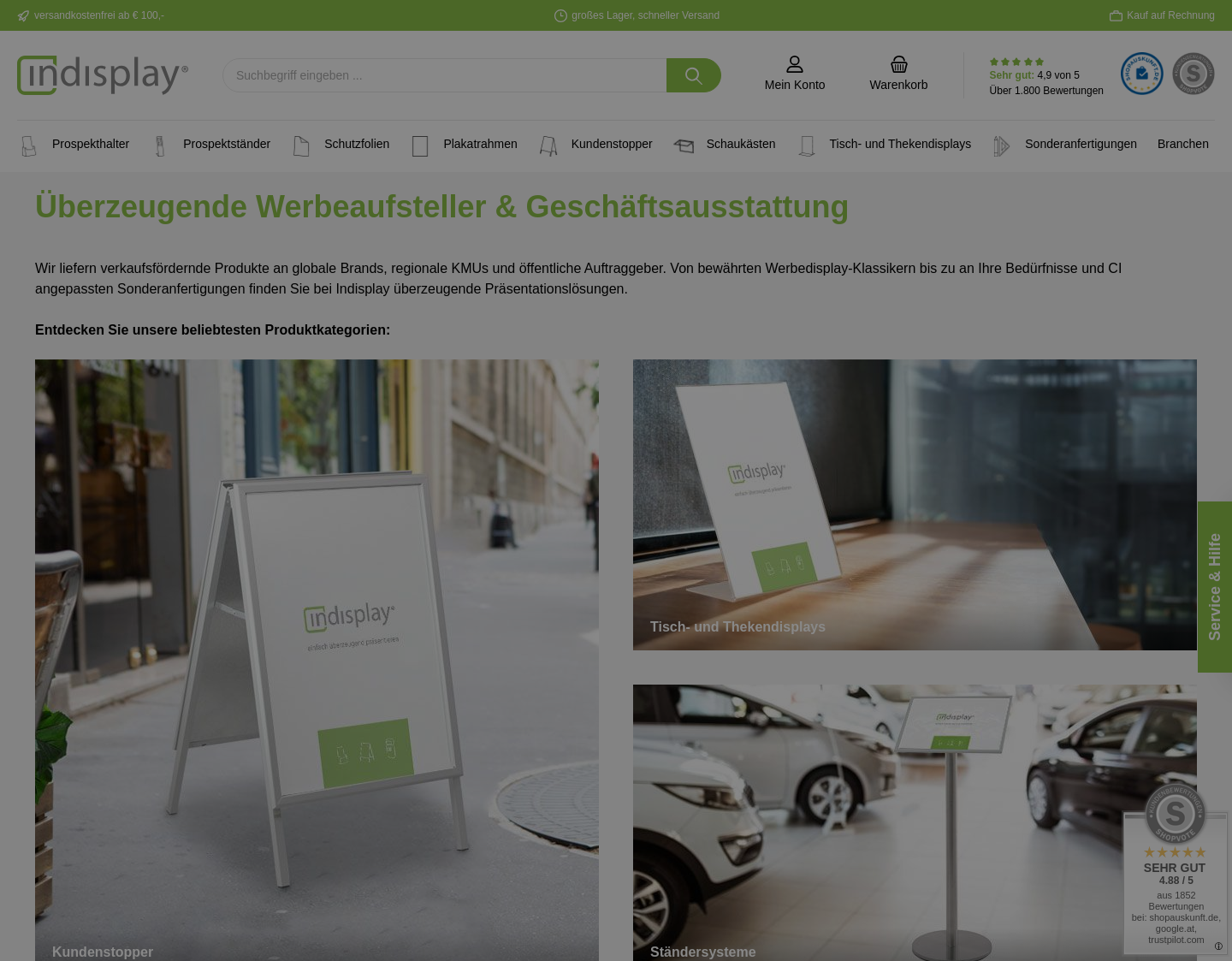 Aktuelle Website-Vorschau von Indisplay Werbedisplays Online-Shop