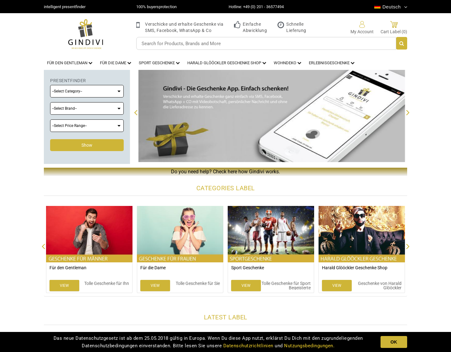 Aktuelle Website-Vorschau von Gindivi - Geschenke online bestellen