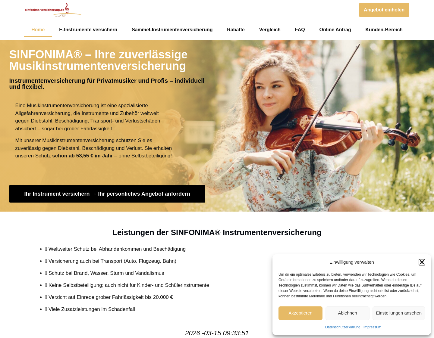 Aktuelle Website-Vorschau von Sinfonima Instrumentenversicherung