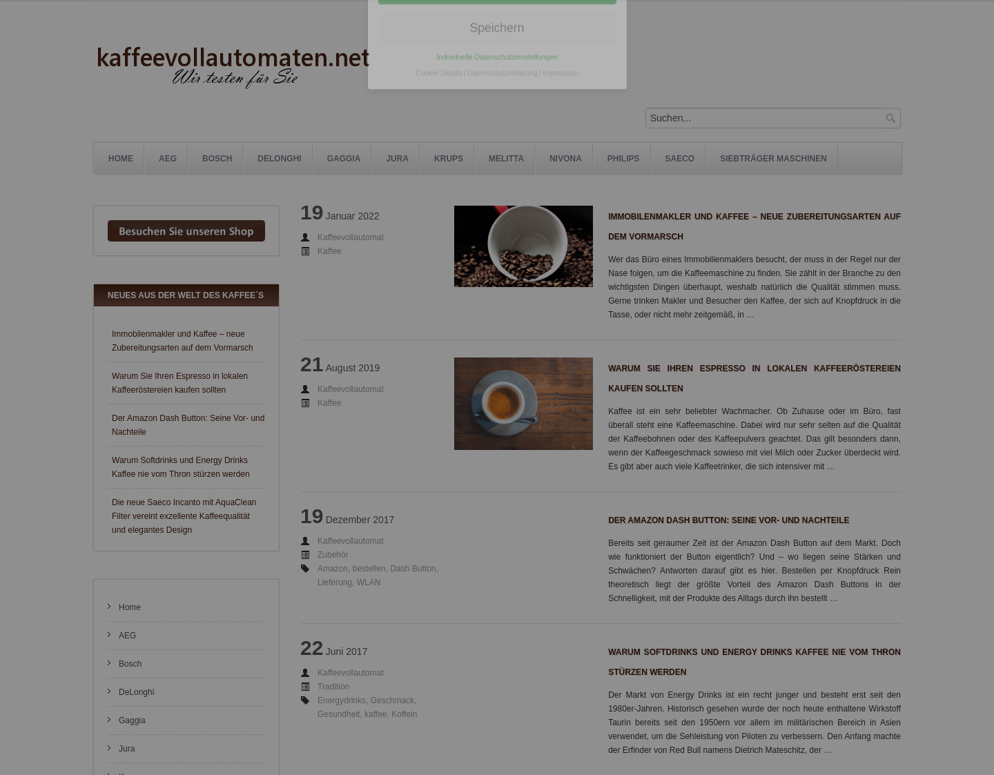 Aktuelle Website-Vorschau von Infos zum Kaffeevollautomaten
