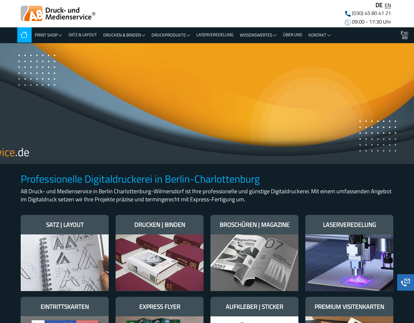 Aktuelle Website-Vorschau von A8 Druck- und Medienservice Berlin