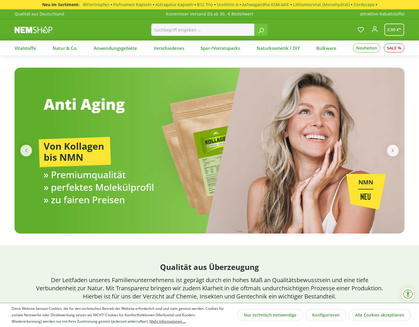 Aktuelle Website-Vorschau von Nemshop - Nahrungsergänzungsmittel Made in German