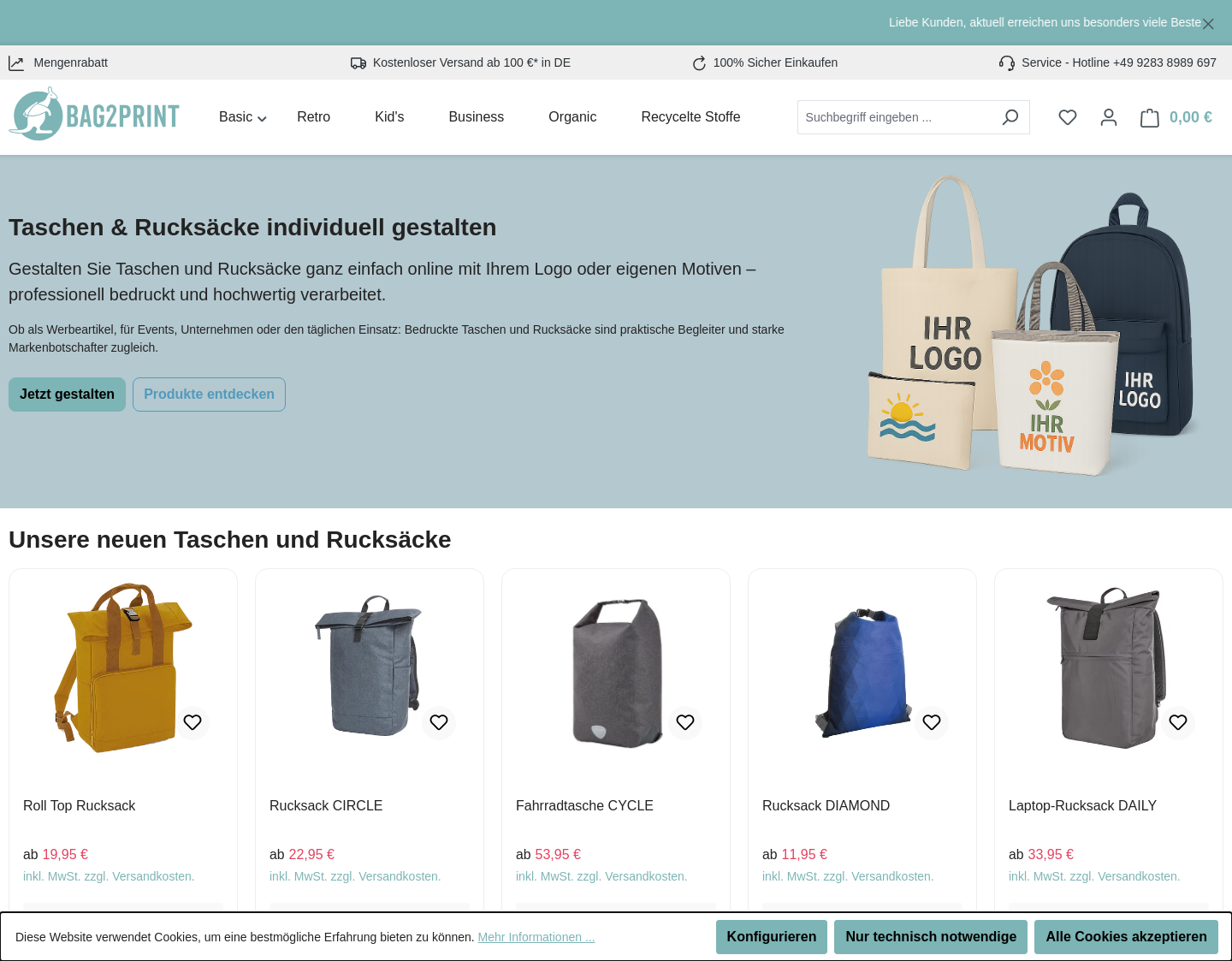 Aktuelle Website-Vorschau von Bag2print.de Taschen selber gestalten