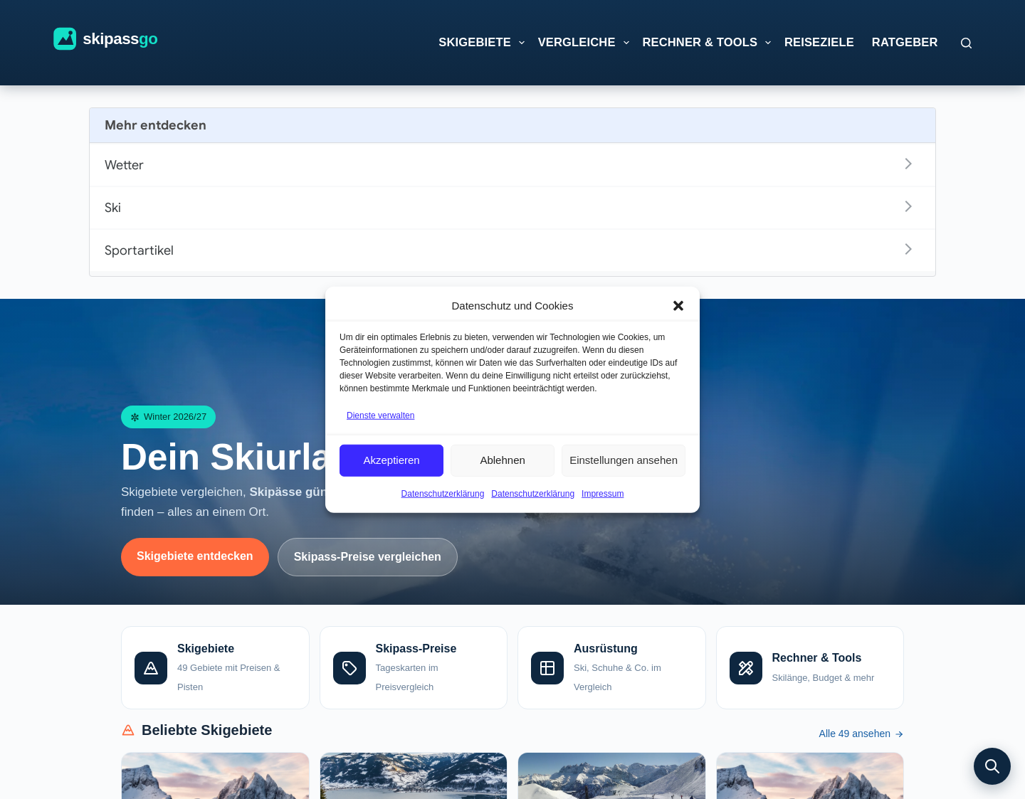 Aktuelle Website-Vorschau von Skipässe online bestellen