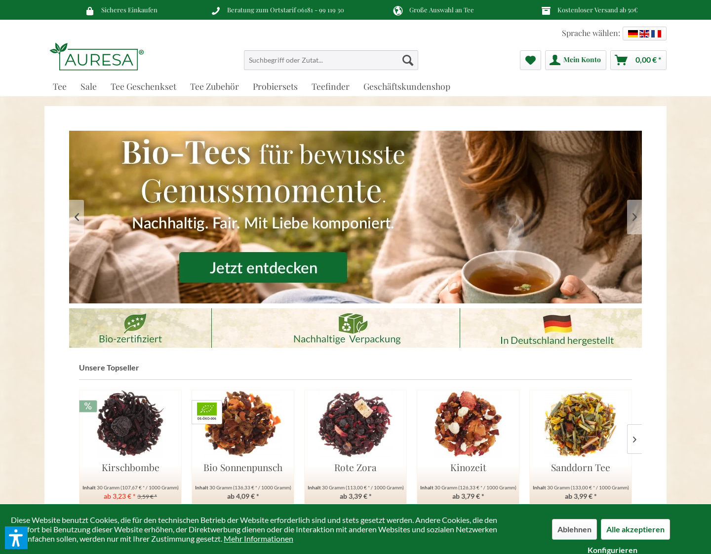 Aktuelle Website-Vorschau von AURESA Tee Onlineshop