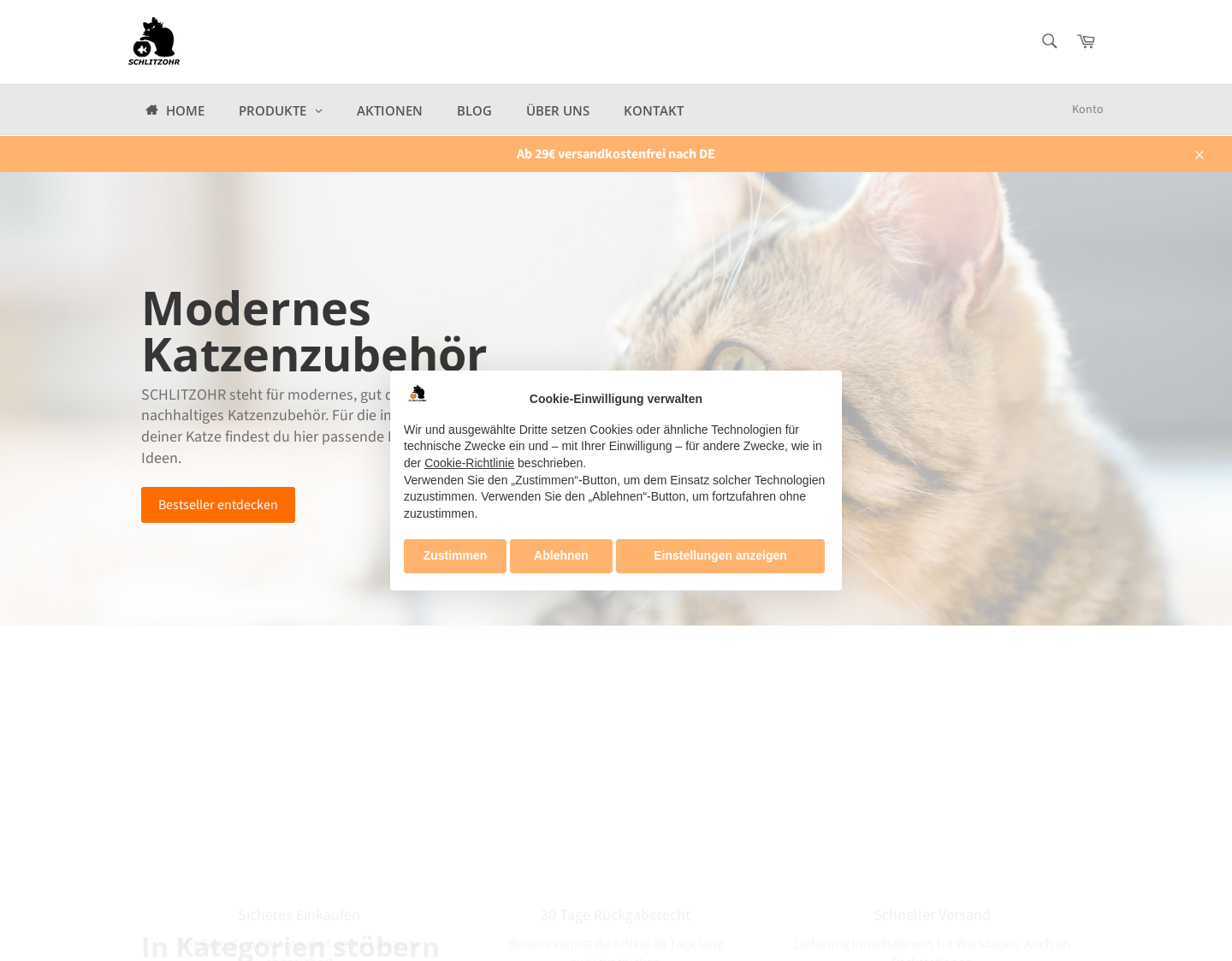 Aktuelle Website-Vorschau von Schlitzohr Shop für Katzenzubehör