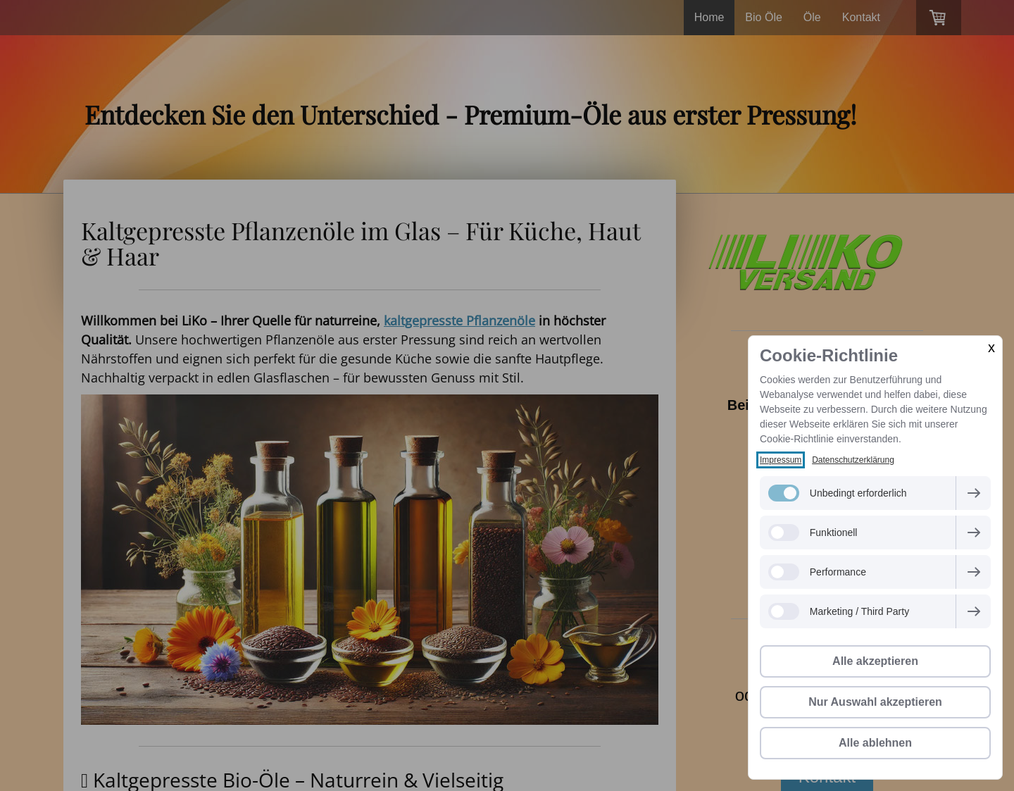 Aktuelle Website-Vorschau von LiKo Versand Speiseöle und Kosmetiköle