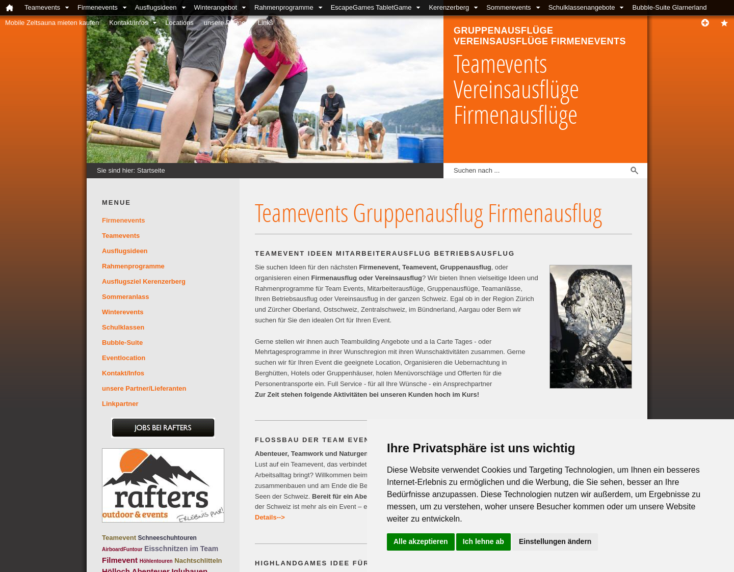 Aktuelle Website-Vorschau von Rafters Outdoor & Events Firmenausflüge
