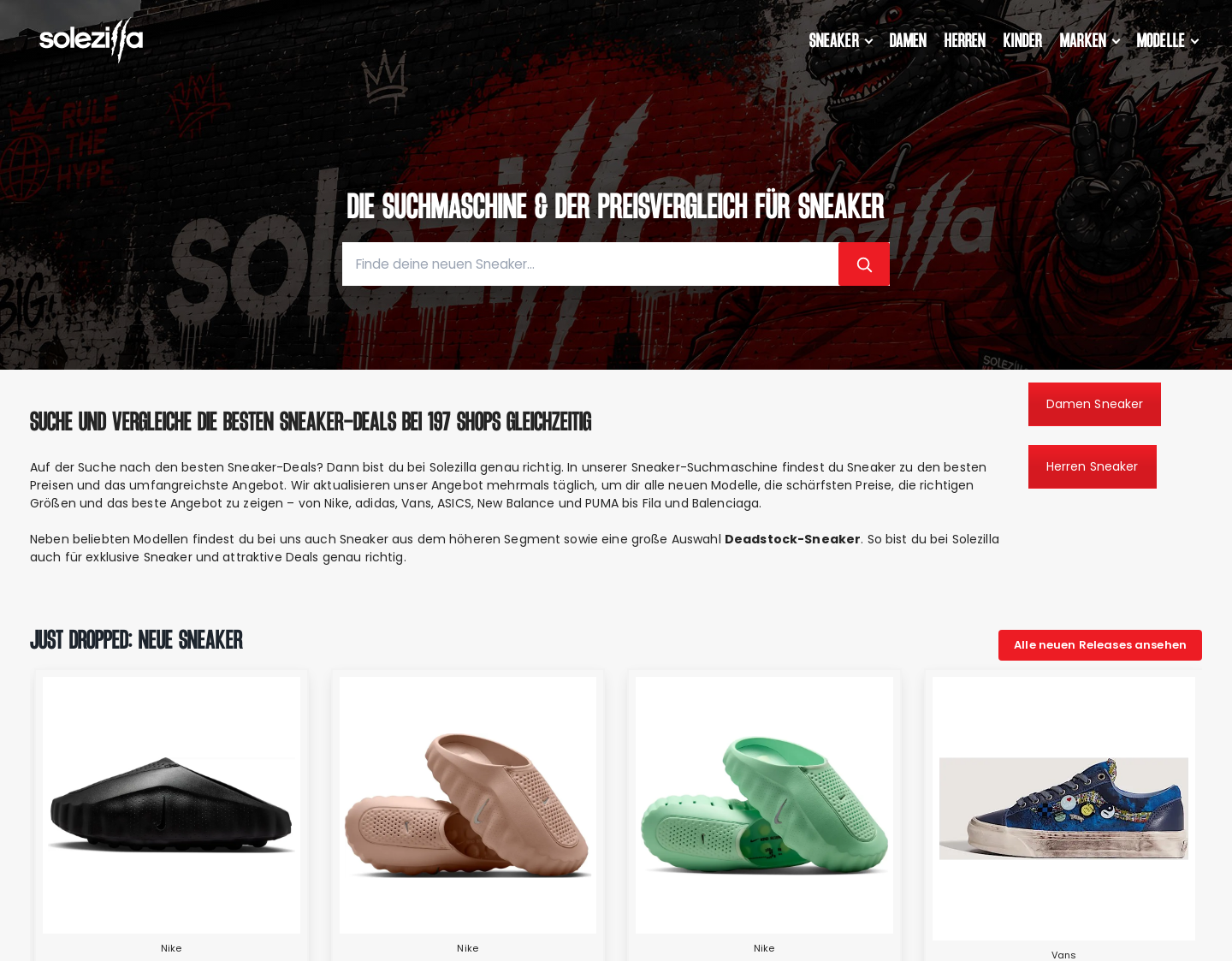 Aktuelle Website-Vorschau von Solezilla - deine Sneaker Suchmaschine