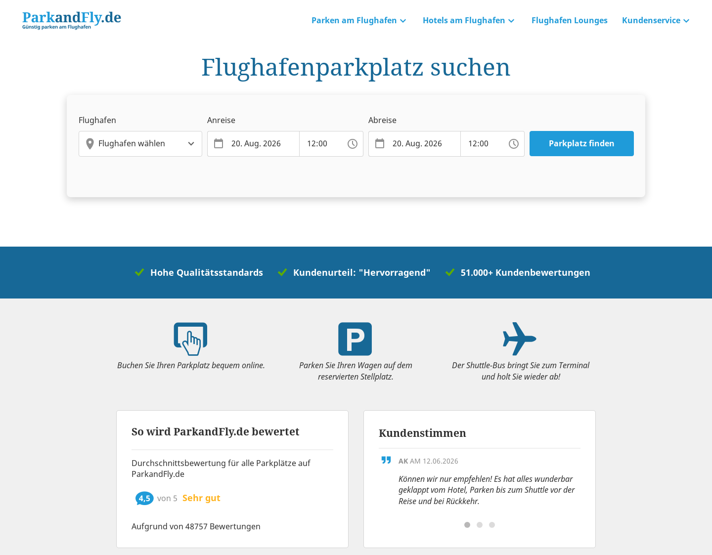 Aktuelle Website-Vorschau von ParkandFly - Sicheres Parken am Flughafen