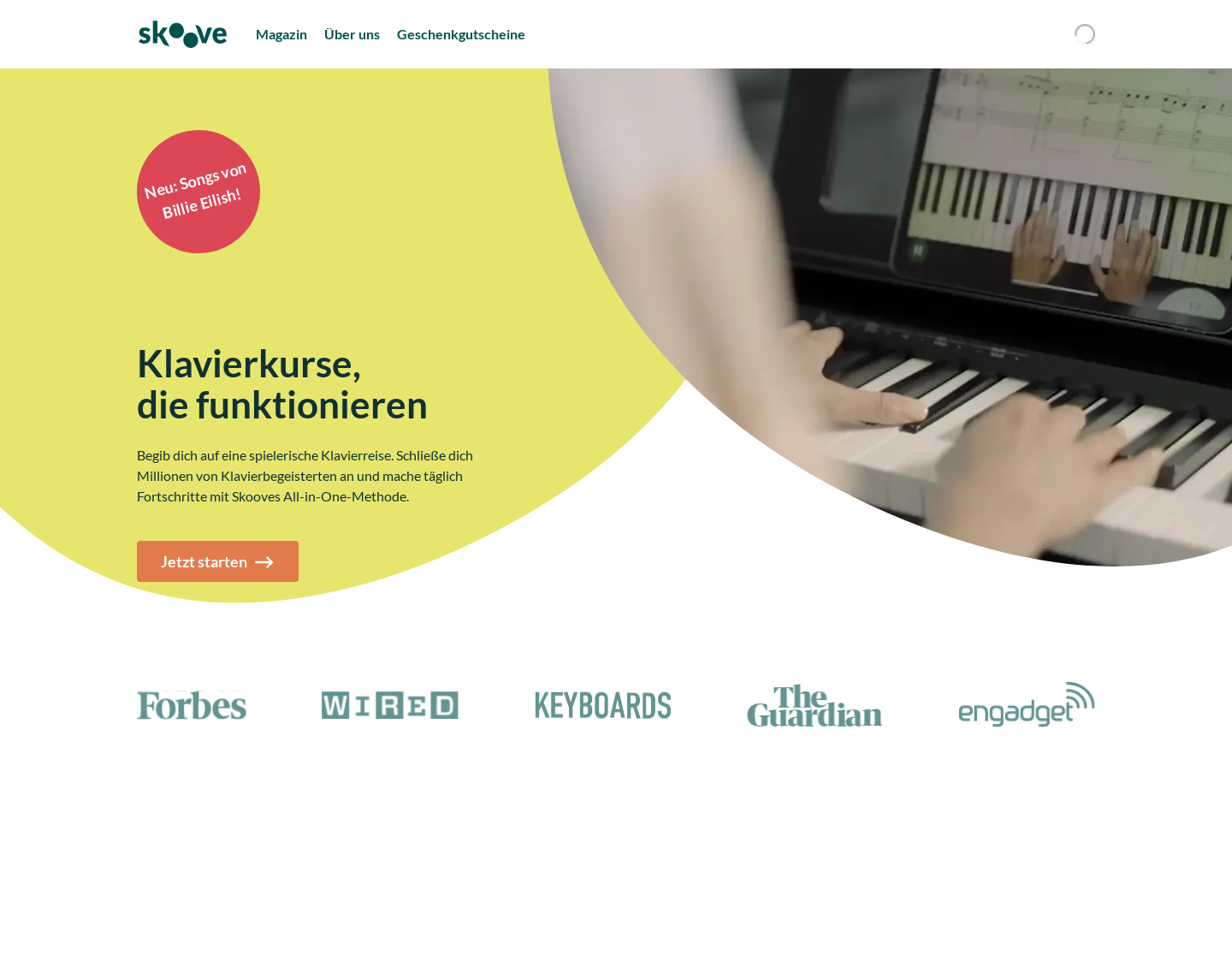 Aktuelle Website-Vorschau von Skoove - die App mit der du Klavier spielen lernst
