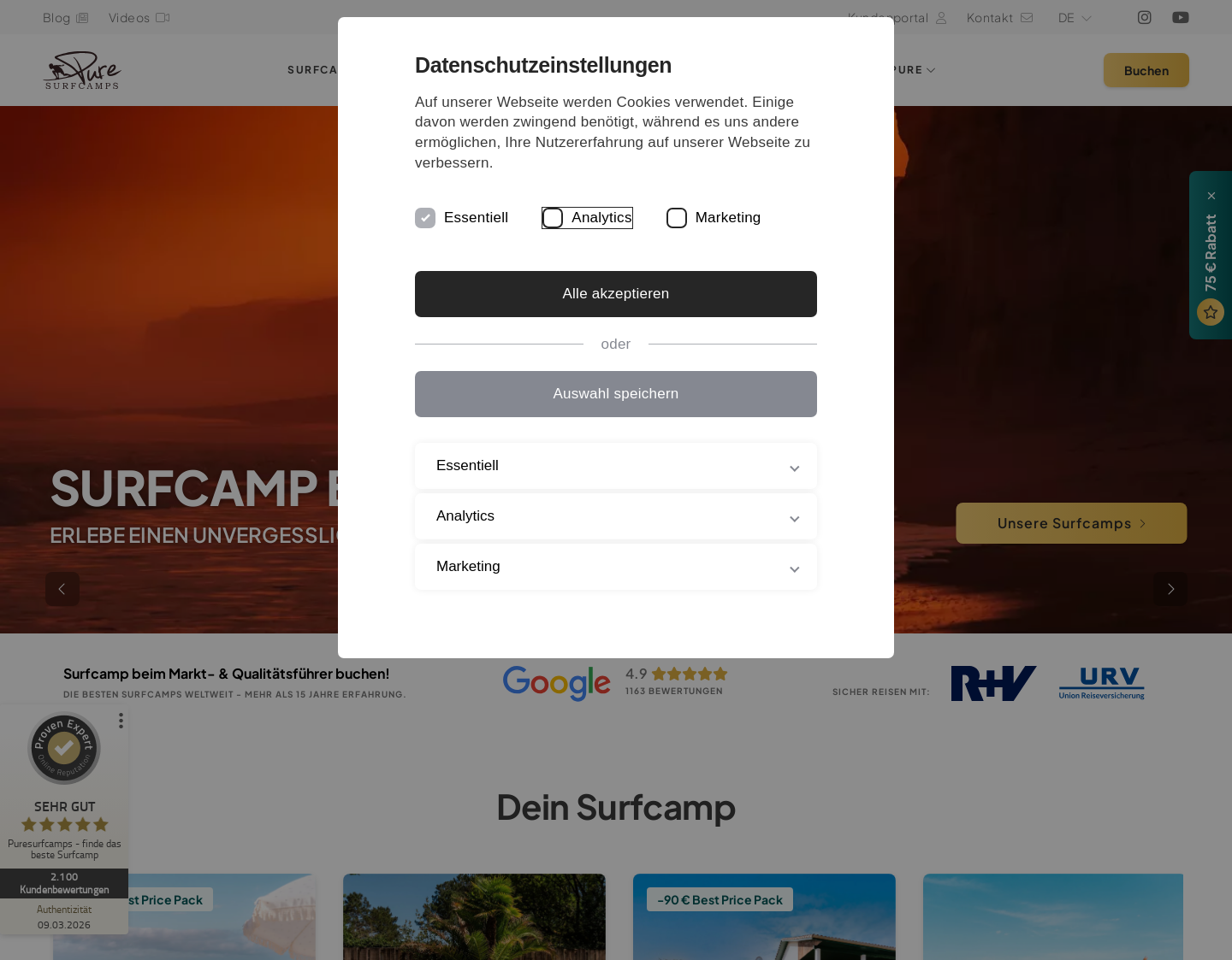 Aktuelle Website-Vorschau von PURESURFCAMPS GmbH