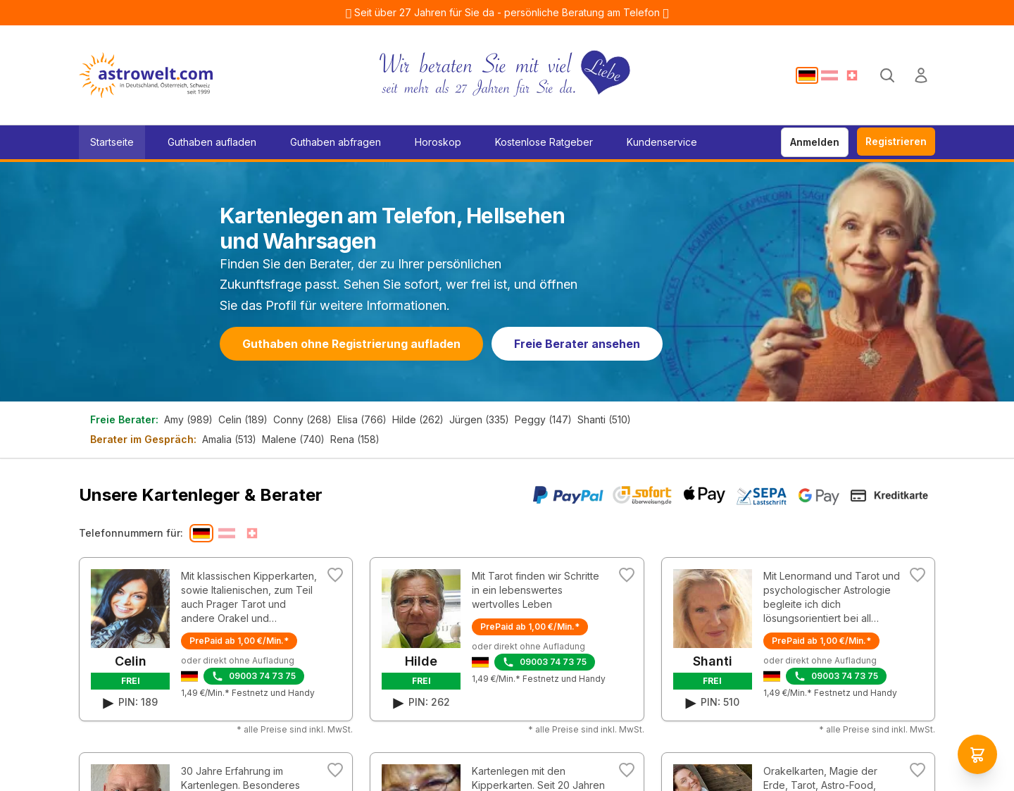 Aktuelle Website-Vorschau von Astrowelt.com Kartenlegen Astrologie