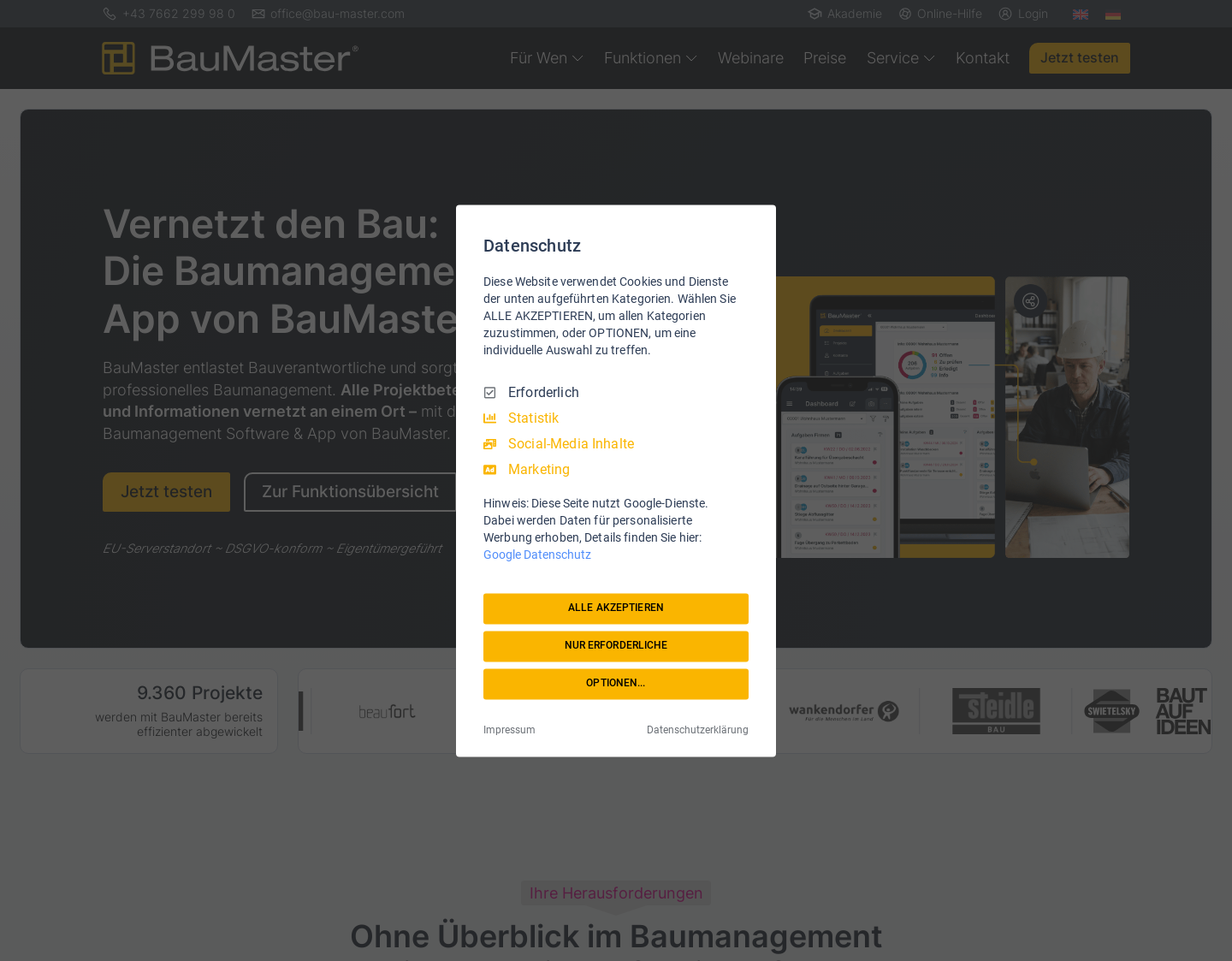 Aktuelle Website-Vorschau von BauMaster - Ihre zuverlässige Baudokumentation