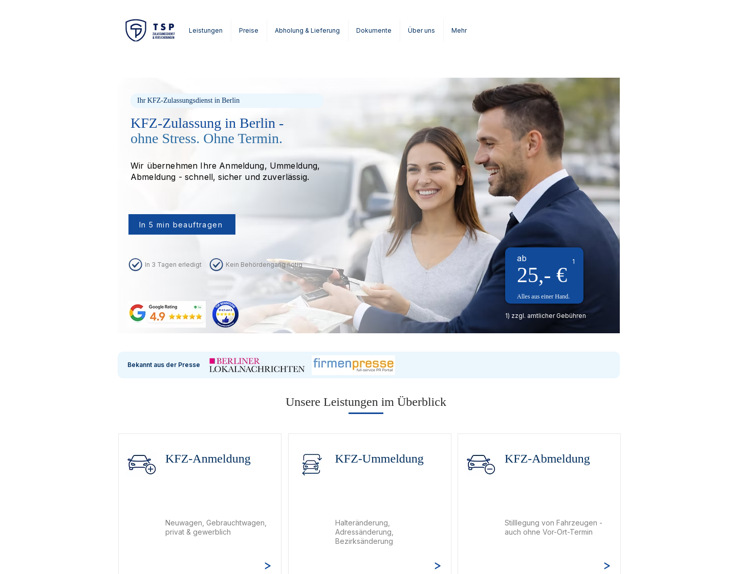 Aktuelle Website-Vorschau von Kfz-Zulassungsdienst Berlin TSP GmbH