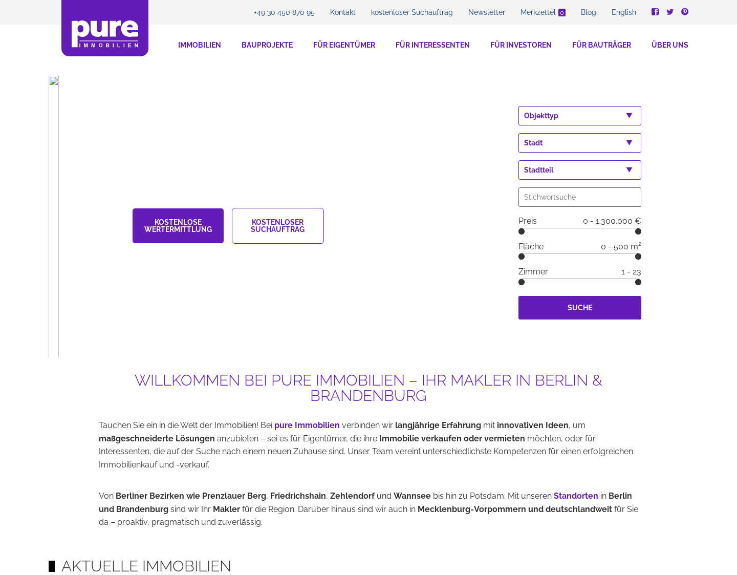 Aktuelle Website-Vorschau von pure Immobilien für Berlin und Brandenburg GmbH
