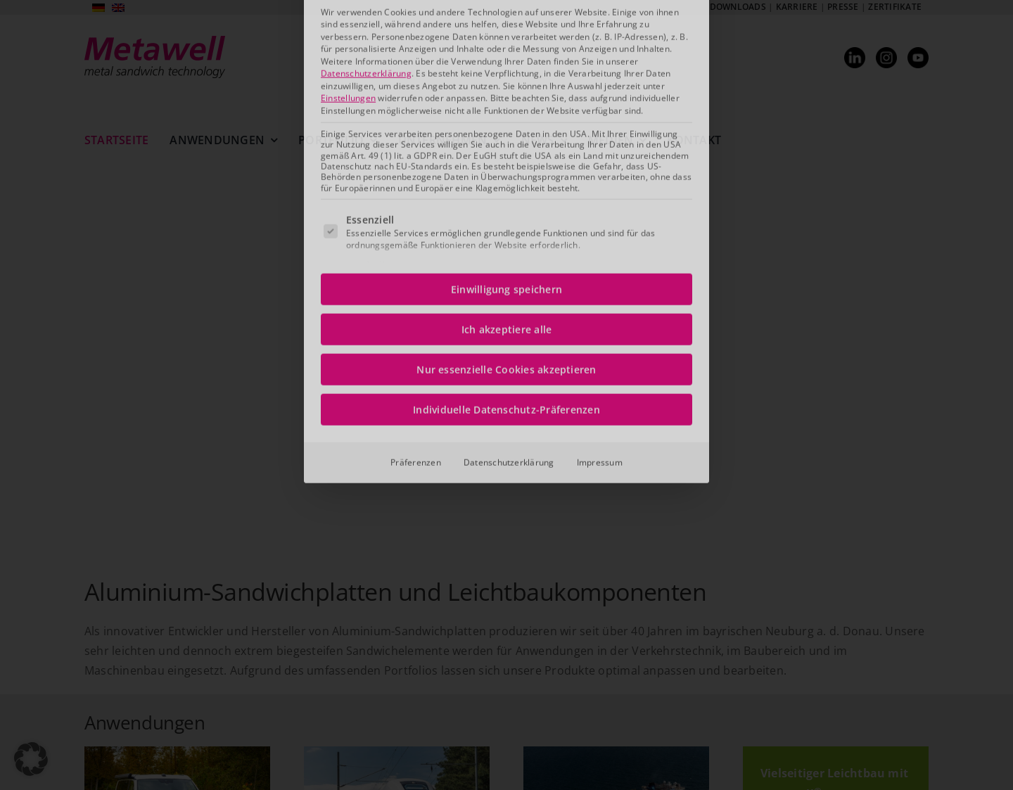 Aktuelle Website-Vorschau von Metawell Aluminium Sandwich Platten