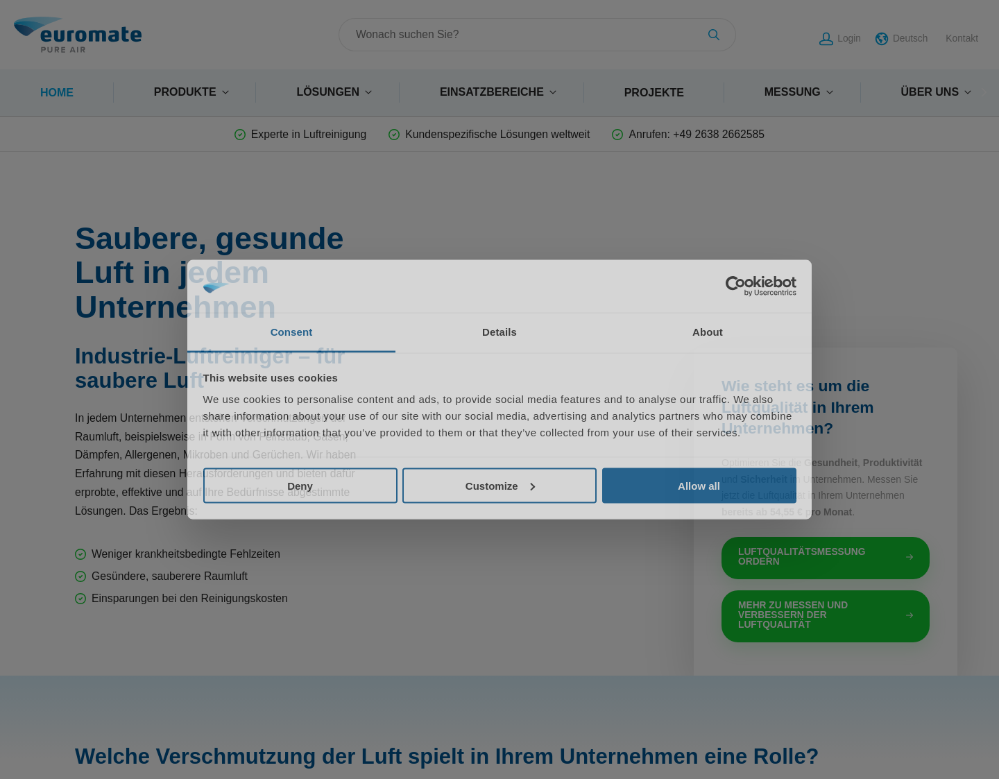 Aktuelle Website-Vorschau von Euromate GmbH - Luftreiniger für Unternehmen