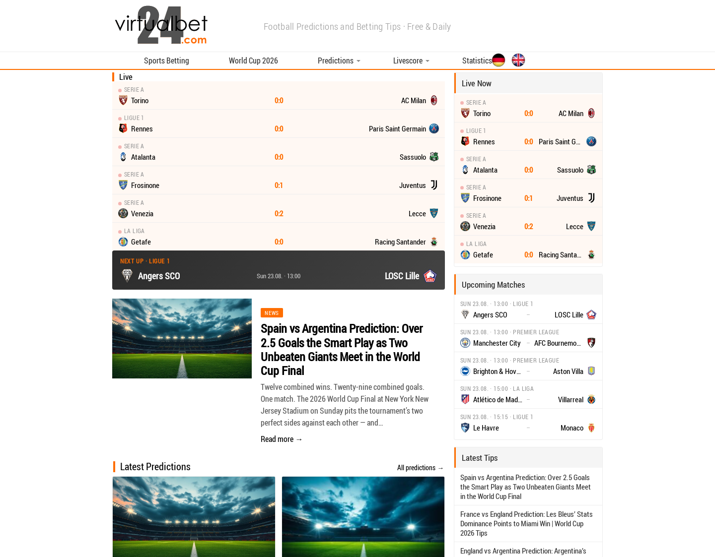 Aktuelle Website-Vorschau von Gratis Online Sportwetten & Livescore