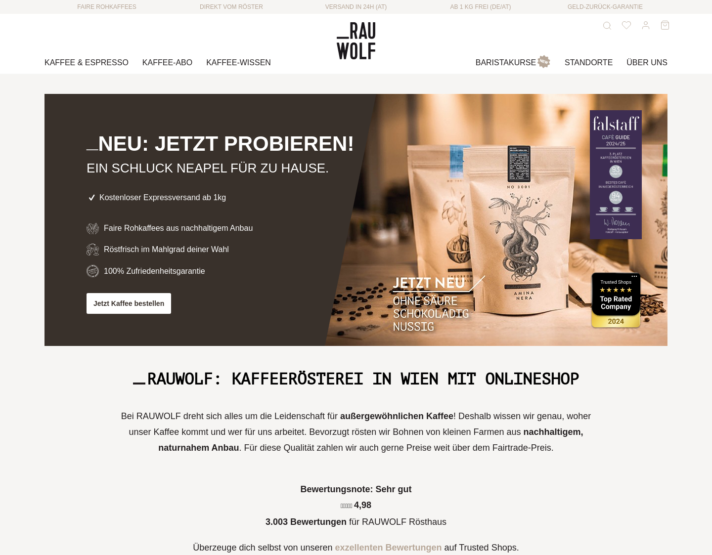 Aktuelle Website-Vorschau von RAUWOLF - Online außergewöhnlichen Kaffee kaufen