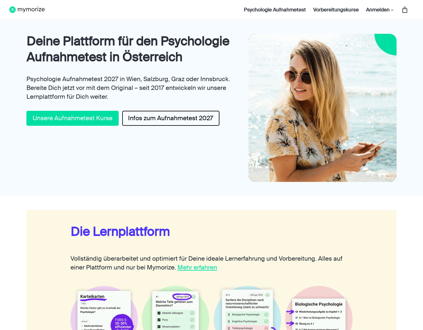 Aktuelle Website-Vorschau von mymorize-Vorbereitung auf den Psychologie Aufnahme