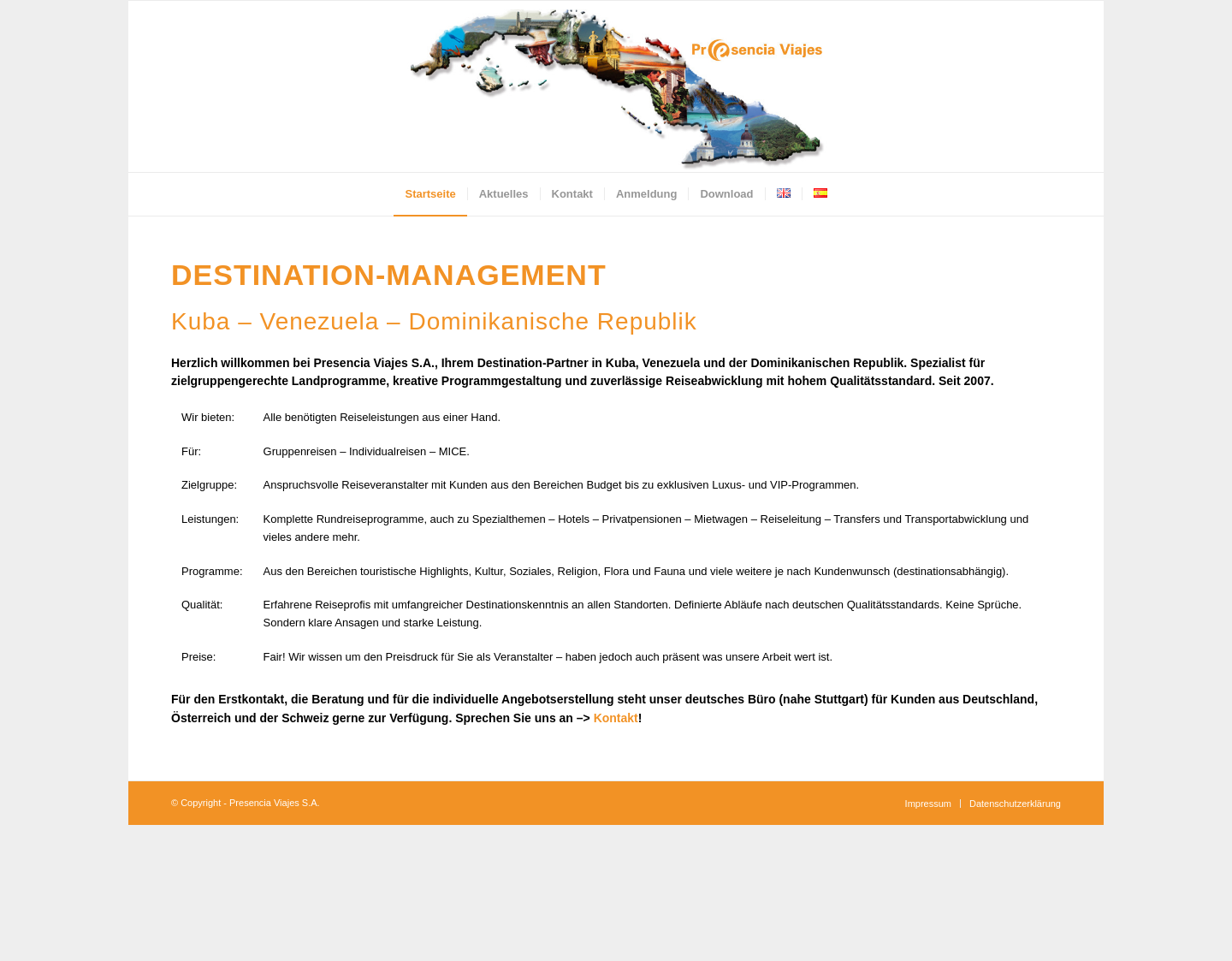 Aktuelle Website-Vorschau von Presencia Viajes Kuba DMC