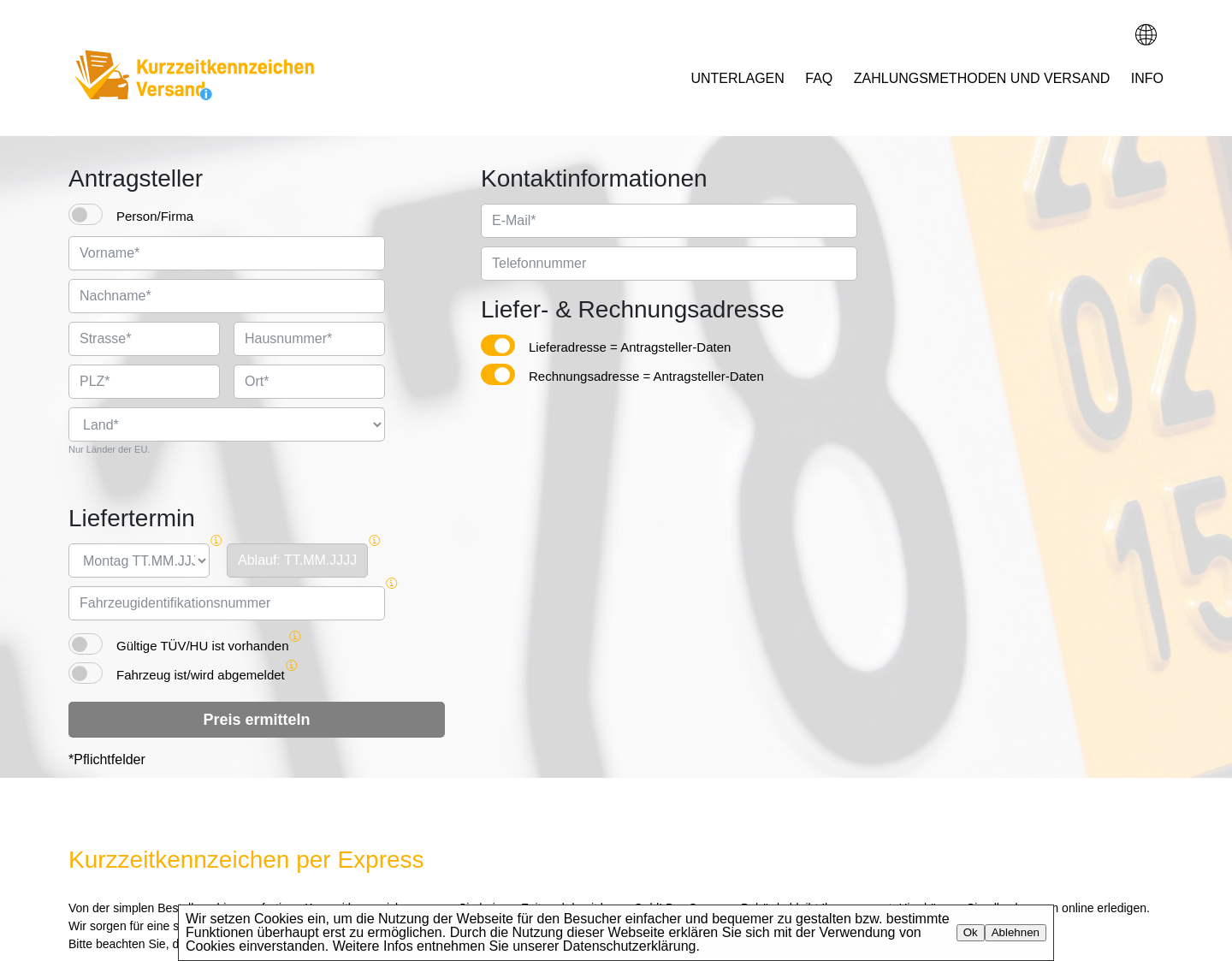 Aktuelle Website-Vorschau von Kurzzeitkennzeichen