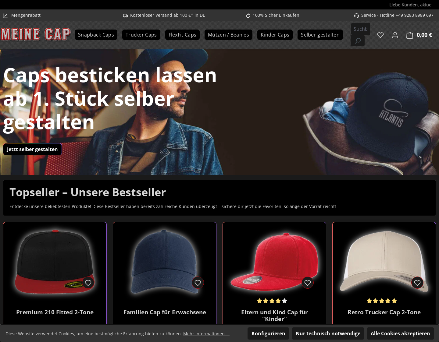 Aktuelle Website-Vorschau von Caps und Mützen individuell besticken