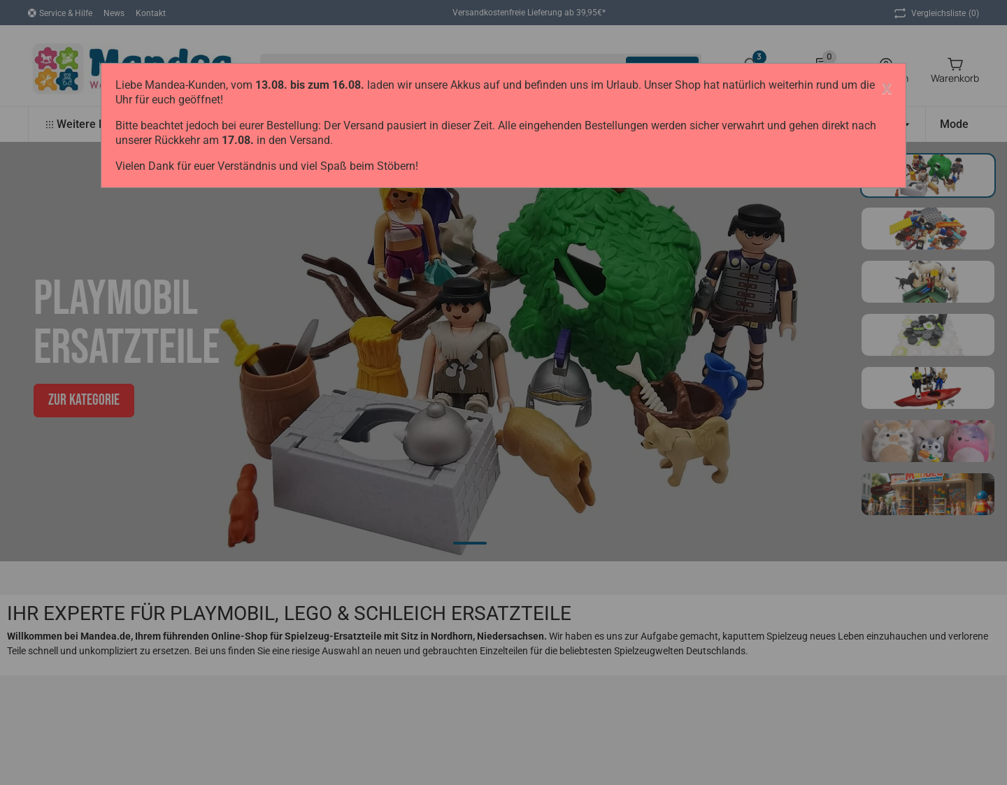 Aktuelle Website-Vorschau von Playmobil Ersatzteile von Mandea