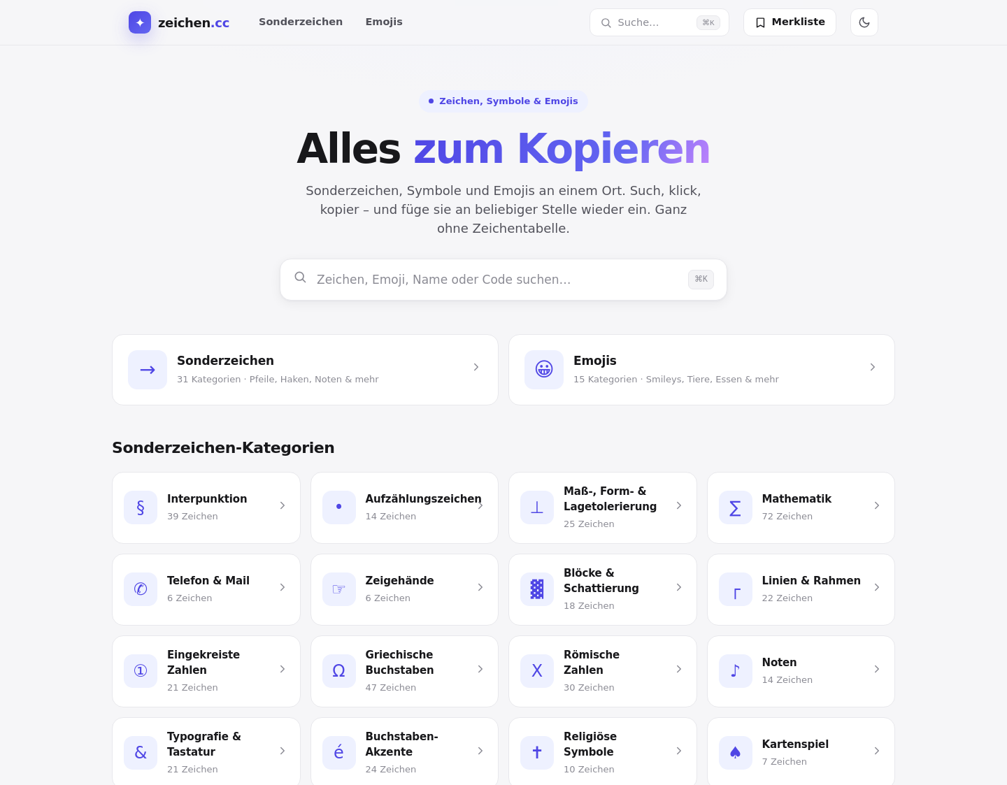 Aktuelle Website-Vorschau von Sonderzeichen & Emojis